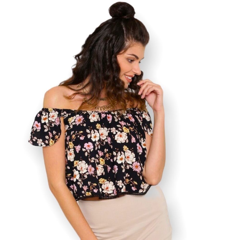 Black Floral Print Off-Shoulder Crop Top